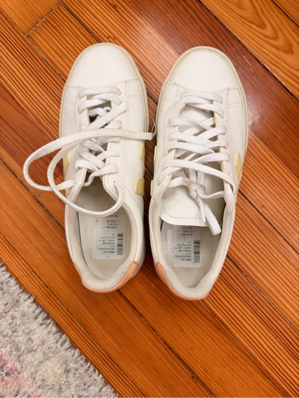 Veja Women’s White Sneakers with Pale Yellow V and Peach Heel - Picture 2 of 5
